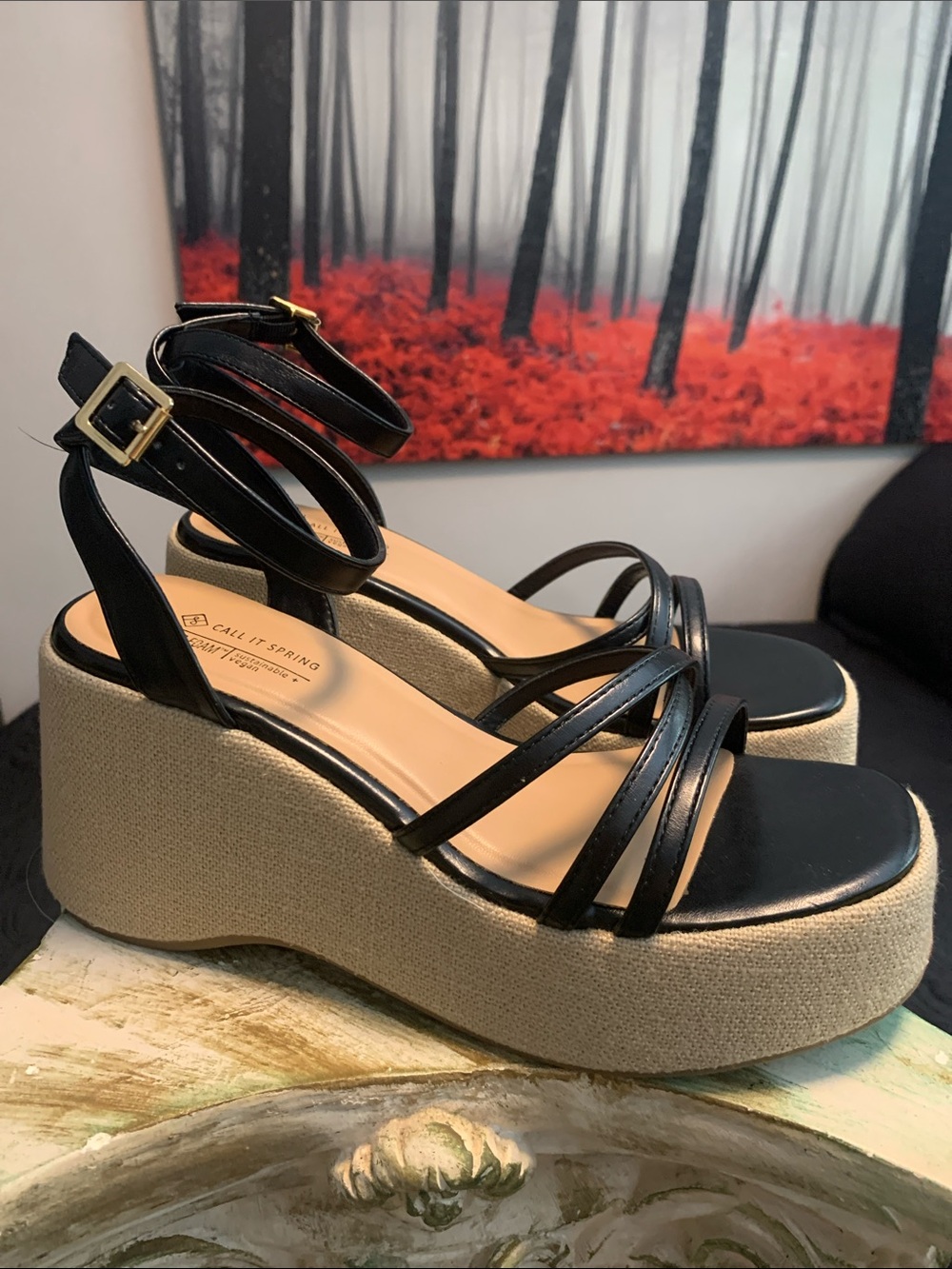 Call It Spring Black Strappy Platform Wedge Sandals with Tan Platform